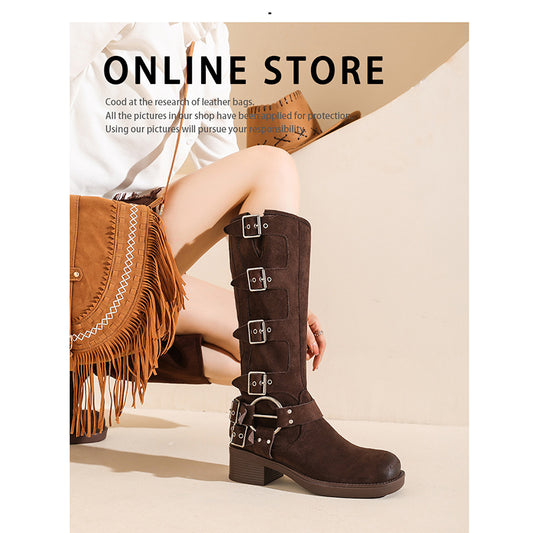Suede Vintage Knight Belt Buckle High Boots