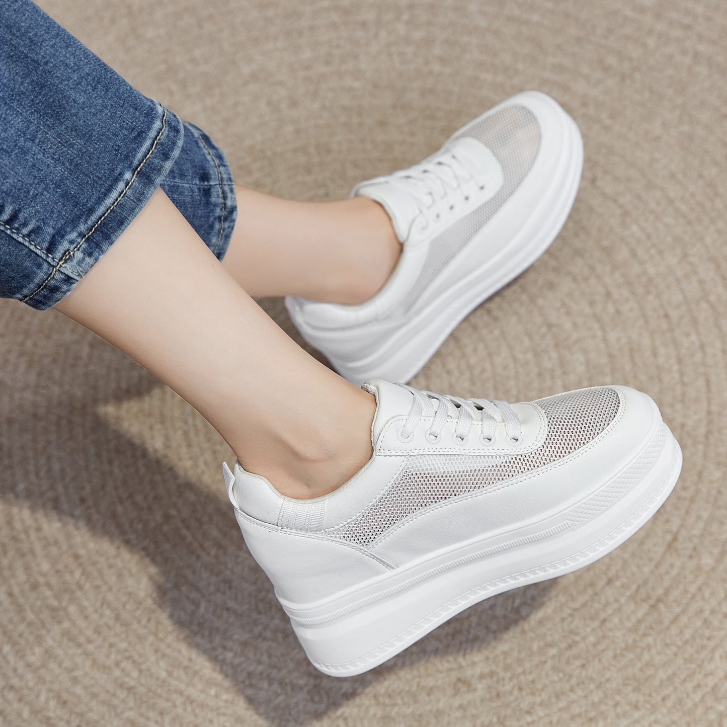 Women's White Height Increasing Insole Platform Versatile Casual Shoes
