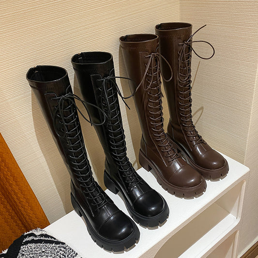 Genuine Chunky Knight Round Head Side Zip Boots