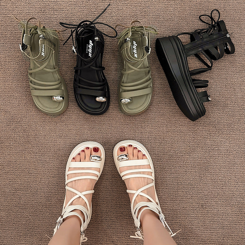 Women's Summer French Style High-grade Black Cross Strap Sandals