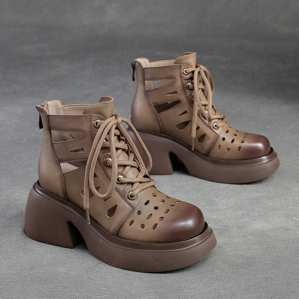 Women's Breathable Hole Front Top Layer Cowhide Heels