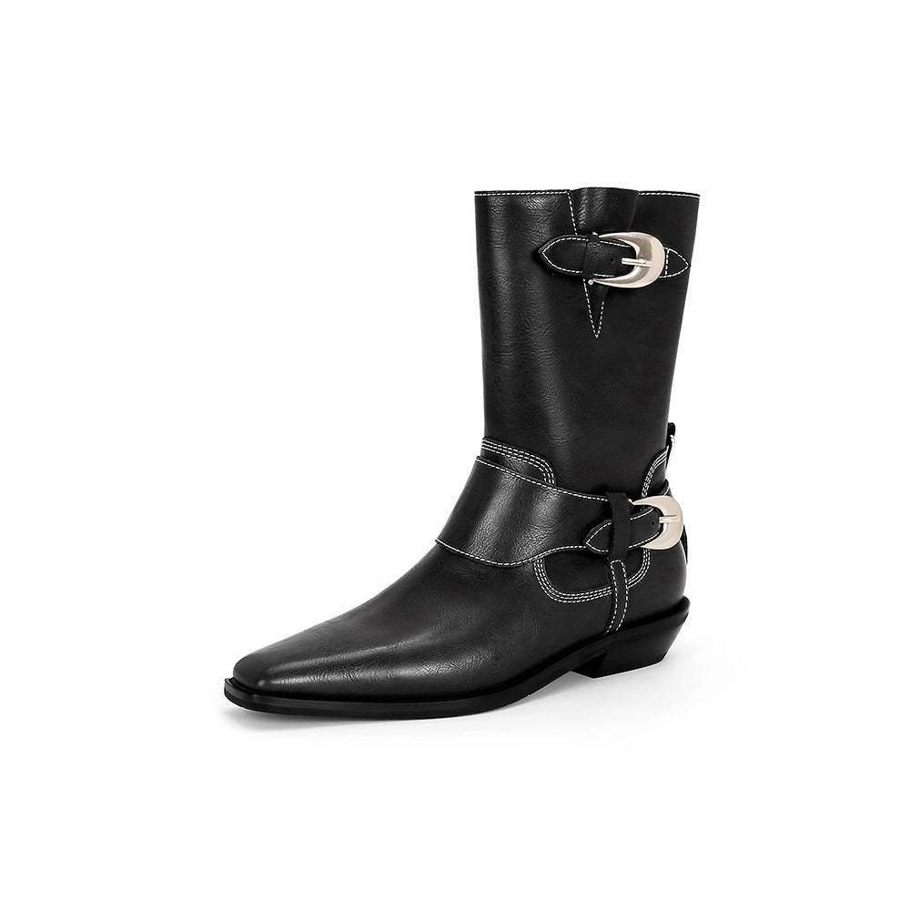 Women's Square Toe Metal Buckle Chunky Short Western Boots