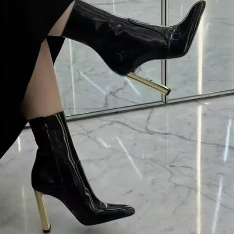 Mirror Patent Pointed Ankle Side Zip Cowhide Heels