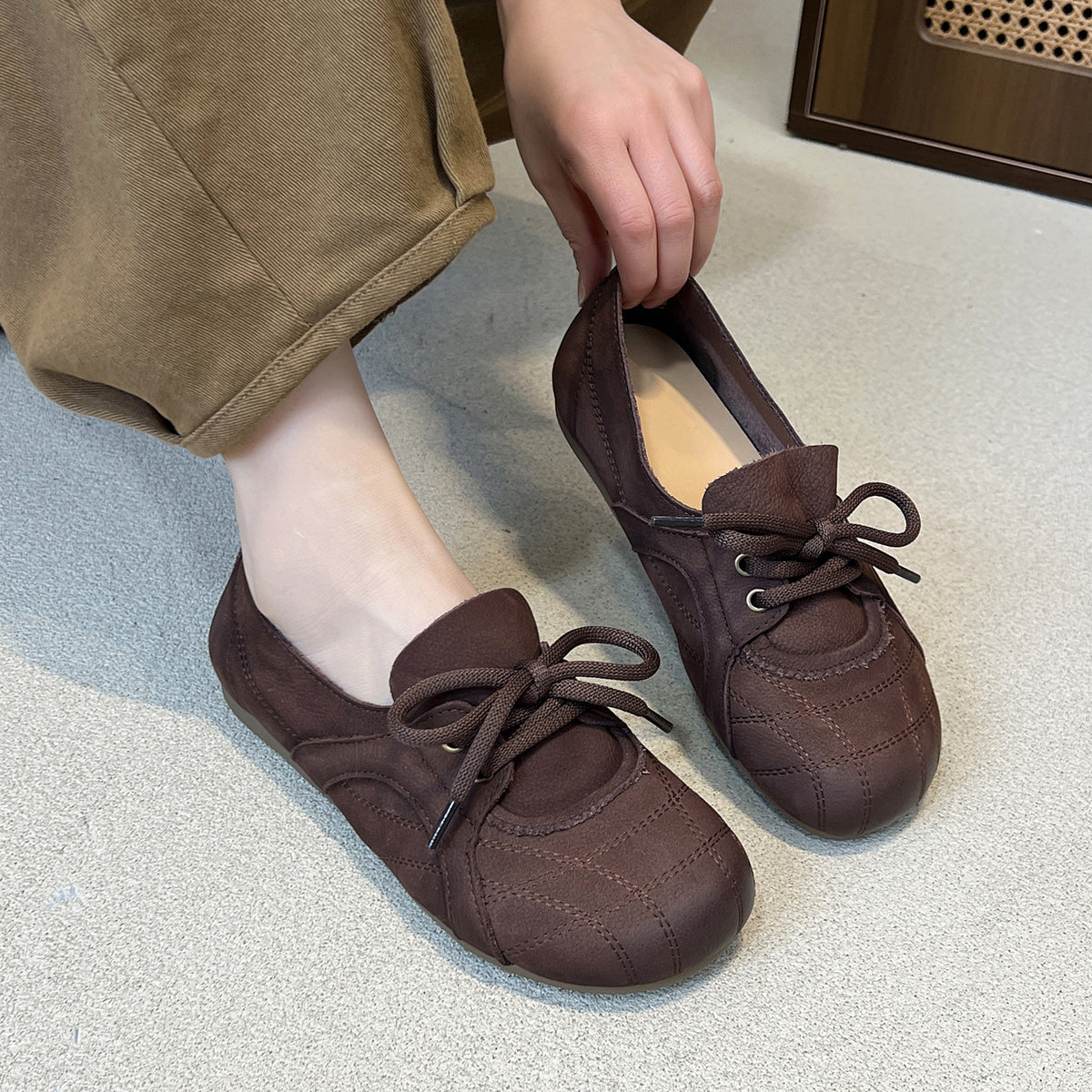 Women's Cowhide Flat Deep Mouth Pumps Spring Round Head Soft Bottom Casual Shoes