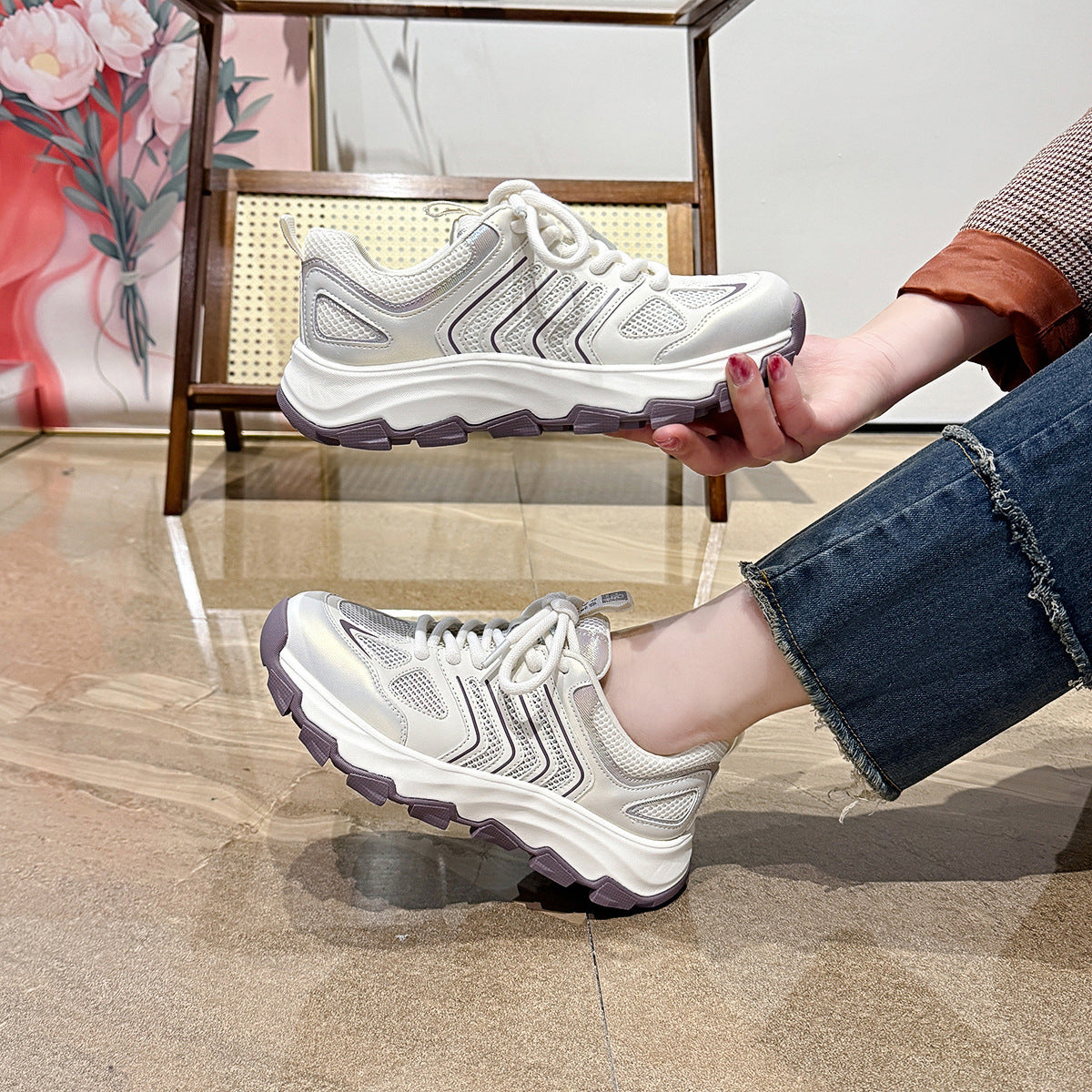 Women's White Mesh Dad Comfortable Lightweight Travel Casual Shoes