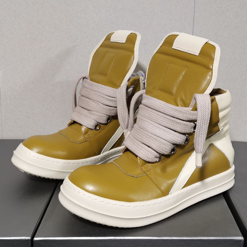 Men's Cowhide Inverted Triangle Wide Shoelace Thick Boots