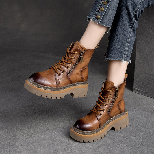 Women's & Men's Thick-soled British Style Ankle Top Layer Cowhide Boots