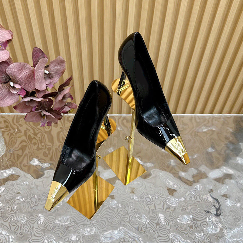 Women's Metal Square Toe Stiletto High Closed Black Thin Color Matching Heels