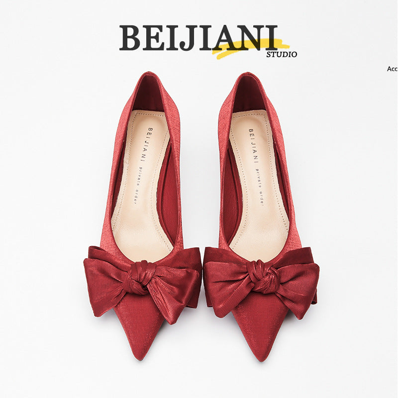Women's Satin Bow High Pointed Toe Stiletto Mid Wedding Heels