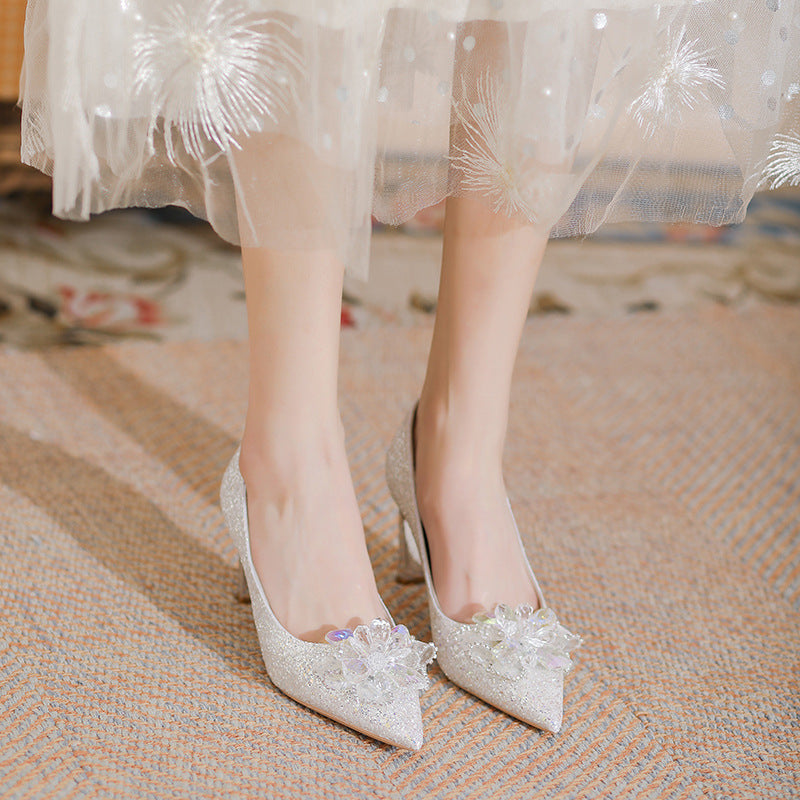Women's Sier Shiny Wedding Dignified Rhinestone Flower Women's Shoes