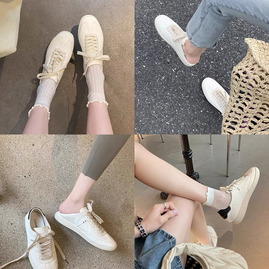 Women's Cowhide White Sports Round Toe German Sneakers