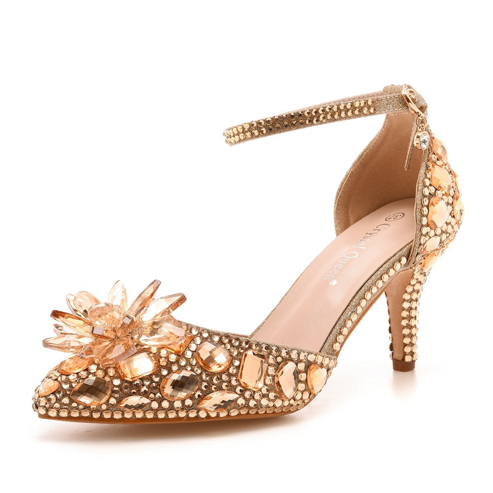Women's Plus Size Stiletto Pointed Crystal Glass Flower High Champagne Heels