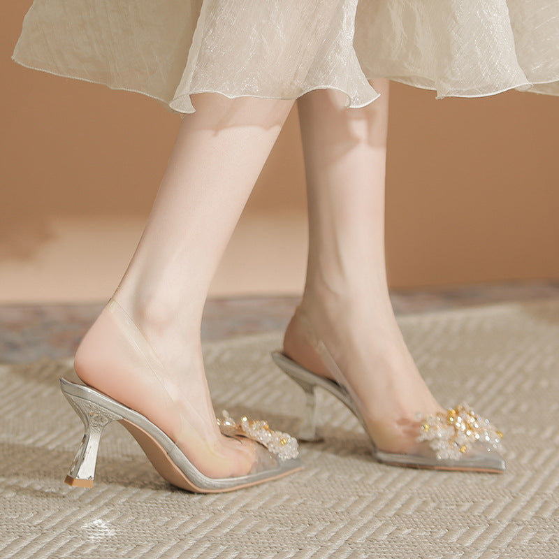 Women's French Transparent Hollow High Summer Rhinestone Heels