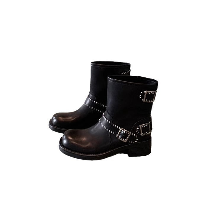 Women's Rub Colored Belt Buckle Distressed Chunky Motorcycle Boots