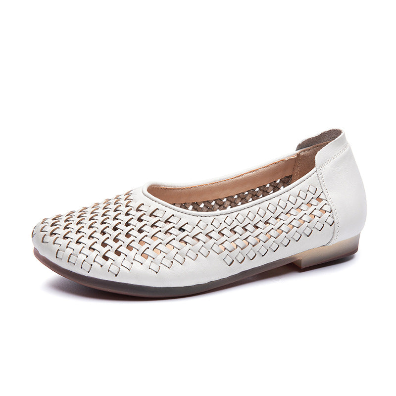 Women's First Layer Cowhide Mother Summer Hollow Hole Genuine Flat Sandals