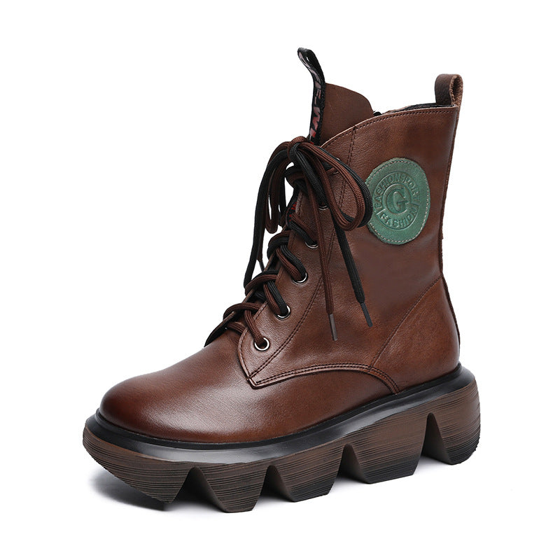 Women's Platform Wedge Booties Versatile Retro Cotton Lace Up Boots