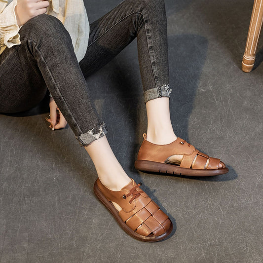 Women's Layer Cowhide Flat Retro Style Single Outer Sandals