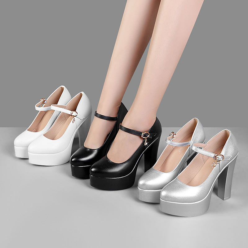Women's Roll Chunky Waterproof Platform High Model Catwalk Show Genuine Workplace Heels