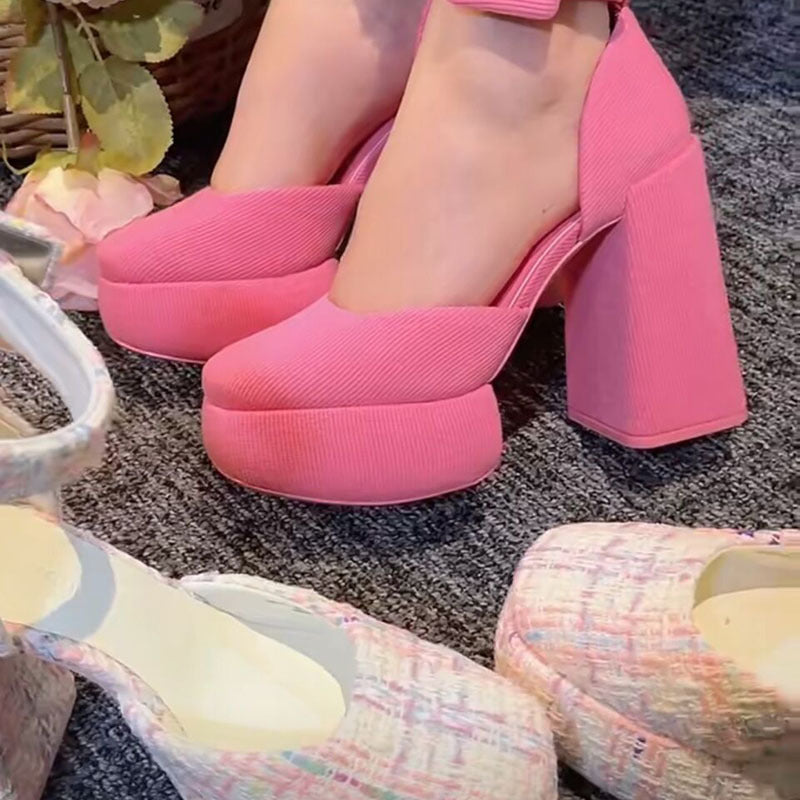 Women's Platform Chunky Closed Toe Barbie Pink Heels