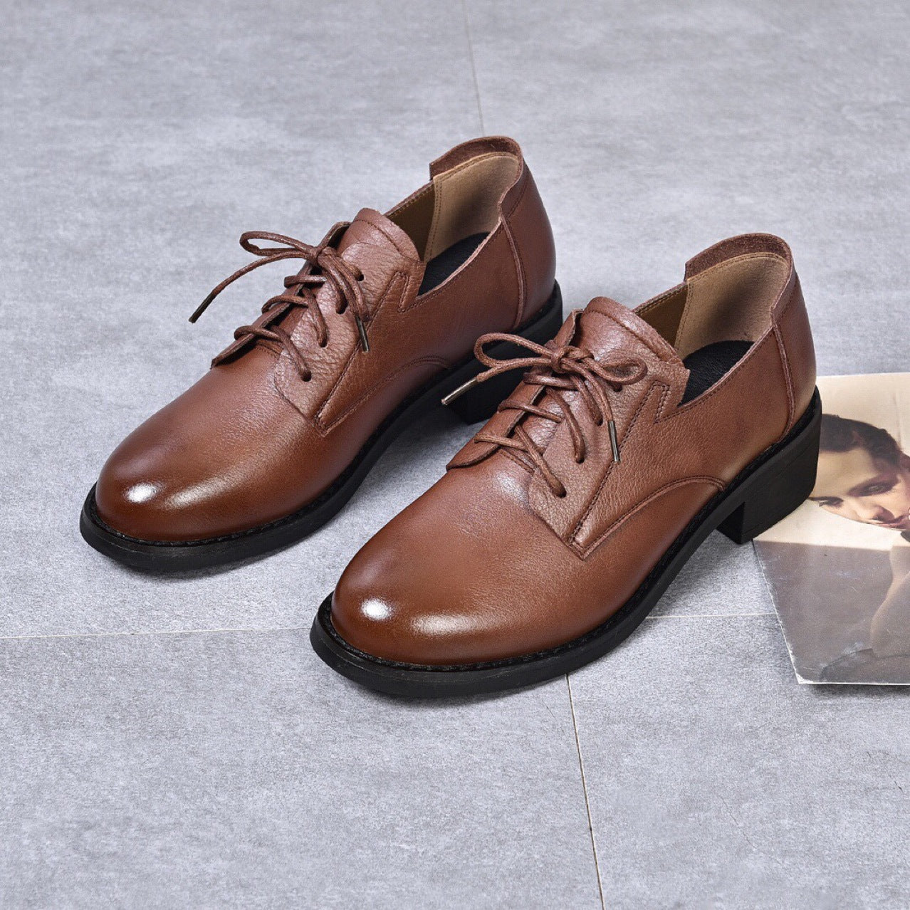 Women's British Style Soft Black Chunky Preppy Leather Shoes