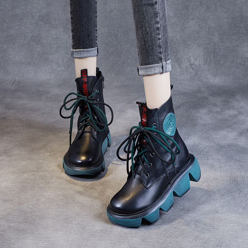 Women's Platform Wedge Booties Versatile Retro Cotton Lace Up Boots