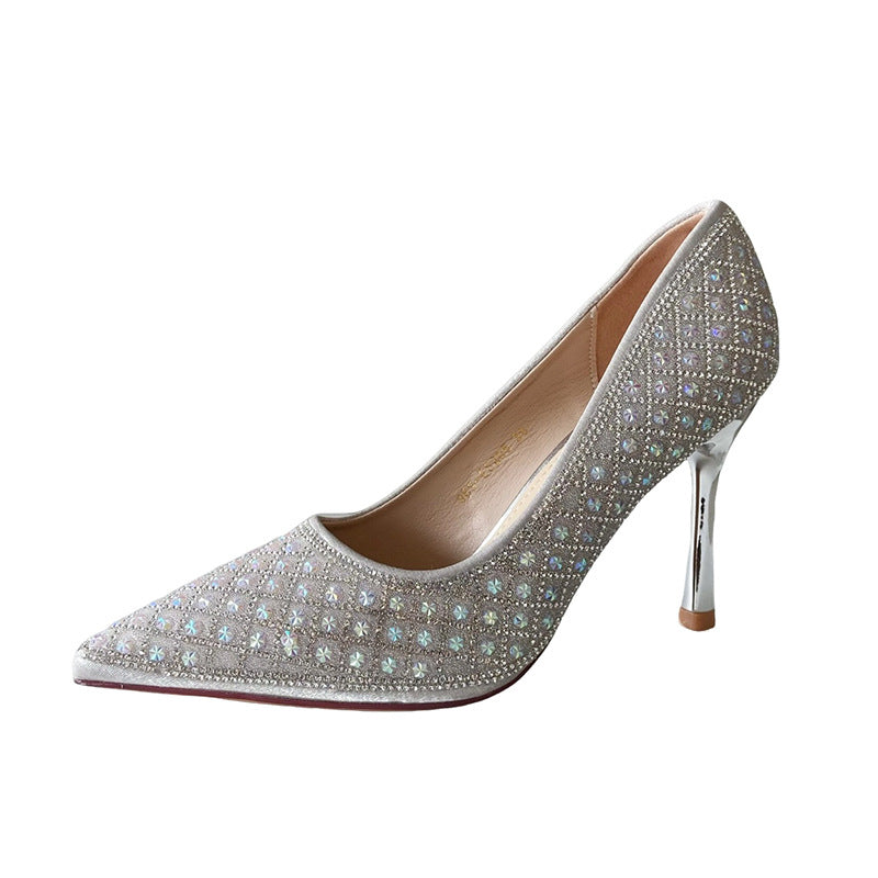 Spring Pointed Crystal Pearl Full Diamond Low-cut Heels