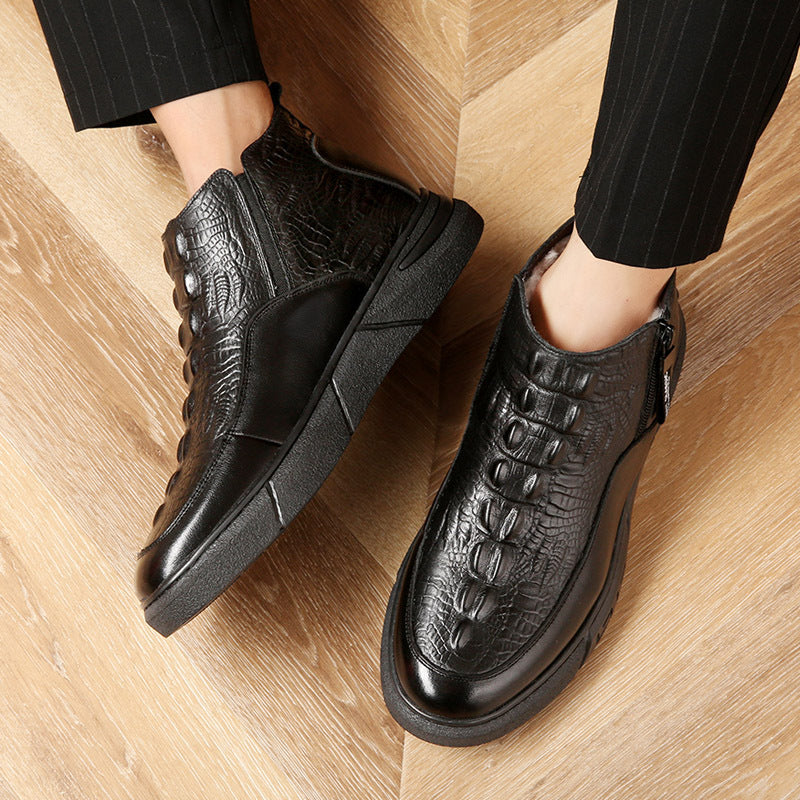 Men's Winter First Layer Cowhide Crocodile Pattern Wool Cotton Fleece-lined Men's Shoes
