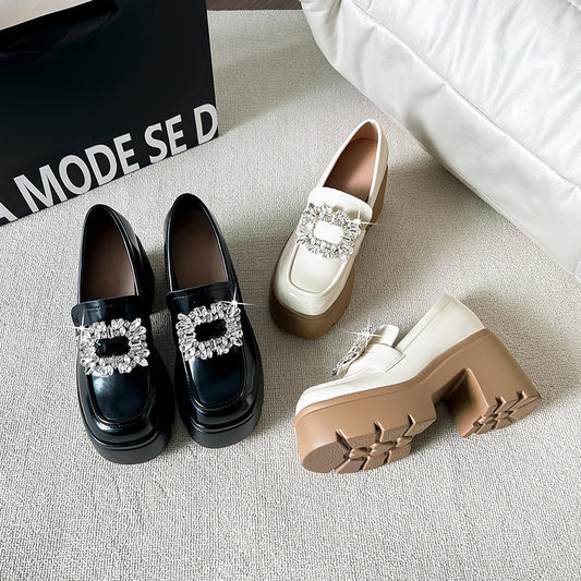 Women's Increasing Insole British Style Rhinestone Square Buckle Loafers