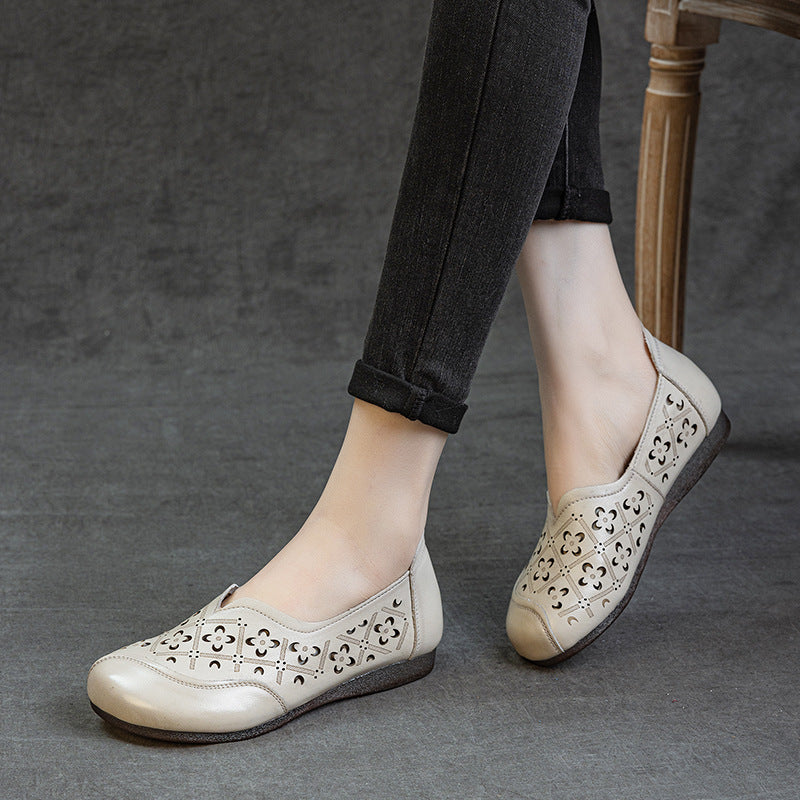 Women's & Men's Layer Cowhide Hollow Retro Flat-heeled Soft Bottom Slip-on Casual Shoes