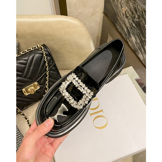Square Buckle Rhinestone Platform Autumn Black Loafers