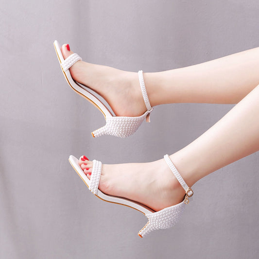 Low-cut Low White Pearl Wedding Dress Heels