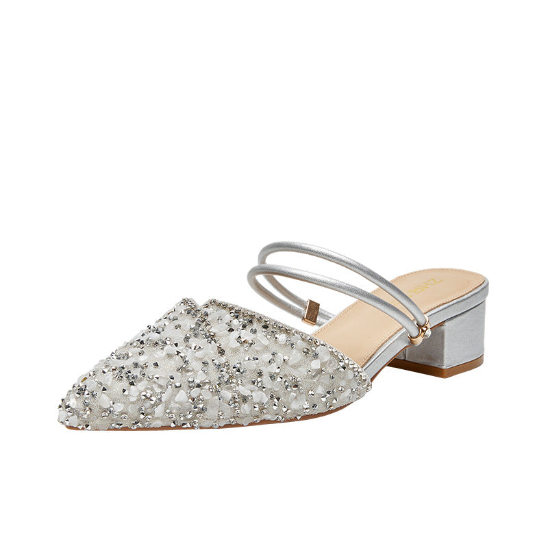 Women's Rhinestone Outer With Skirt Mule Summer Heels