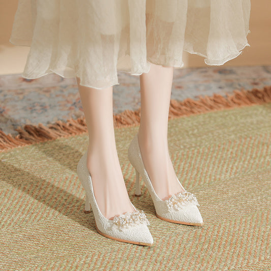 Women's French Wedding High Gentle Temperament Pearl Women's Shoes