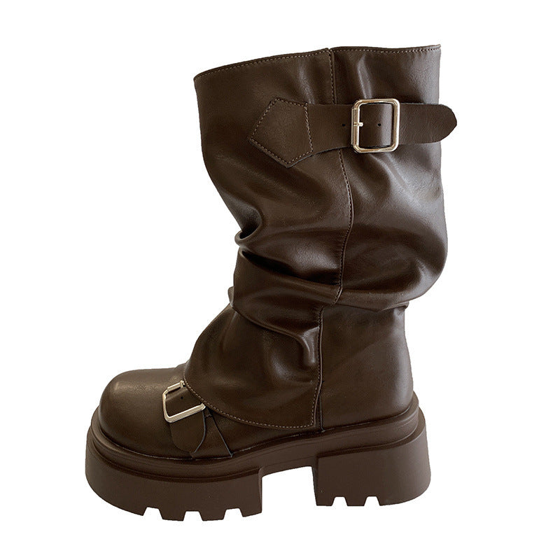 Women's Brown Thick Bottom American Retro Mid Boots