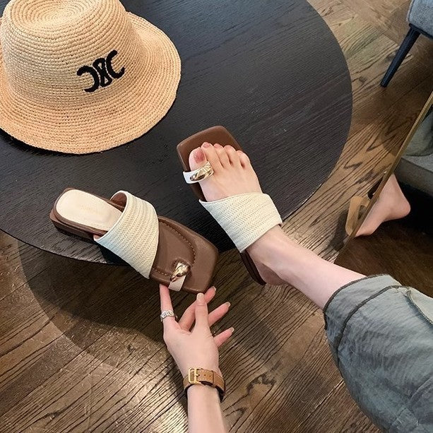 Women's Sheepskin Version Genuine Chunky Vacation Style Straw Flip-flops Summer Heels