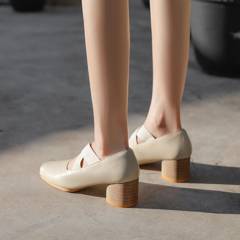 Women's Mary Jane Pleated Square Toe Vintage Chunky Ballet Women's Shoes
