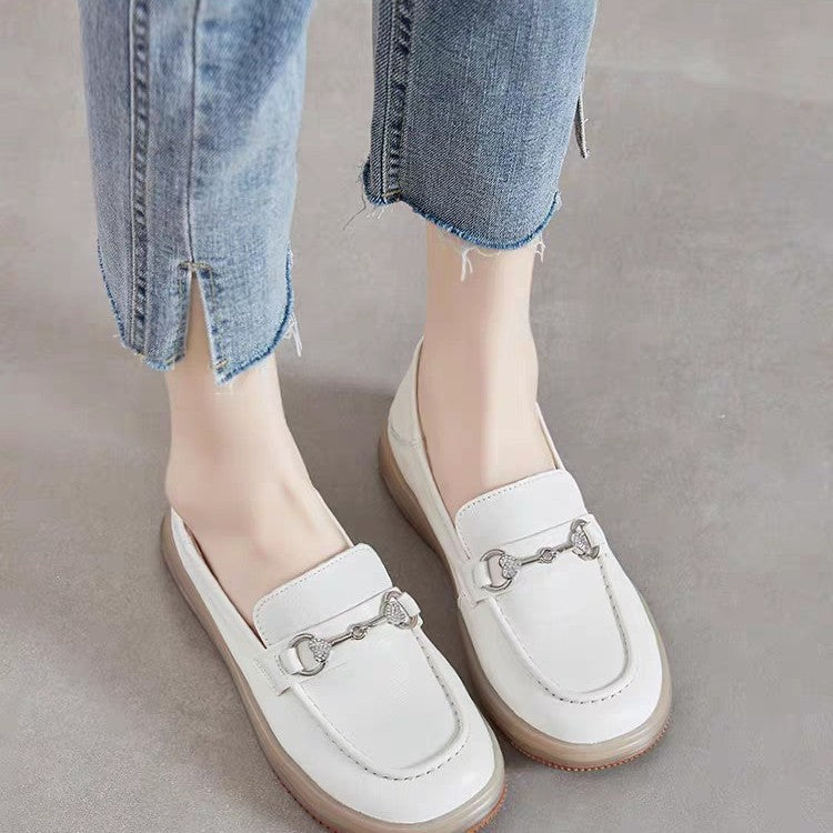 Women's White Summer Versatile Slip-on Lofter Beef Loafers