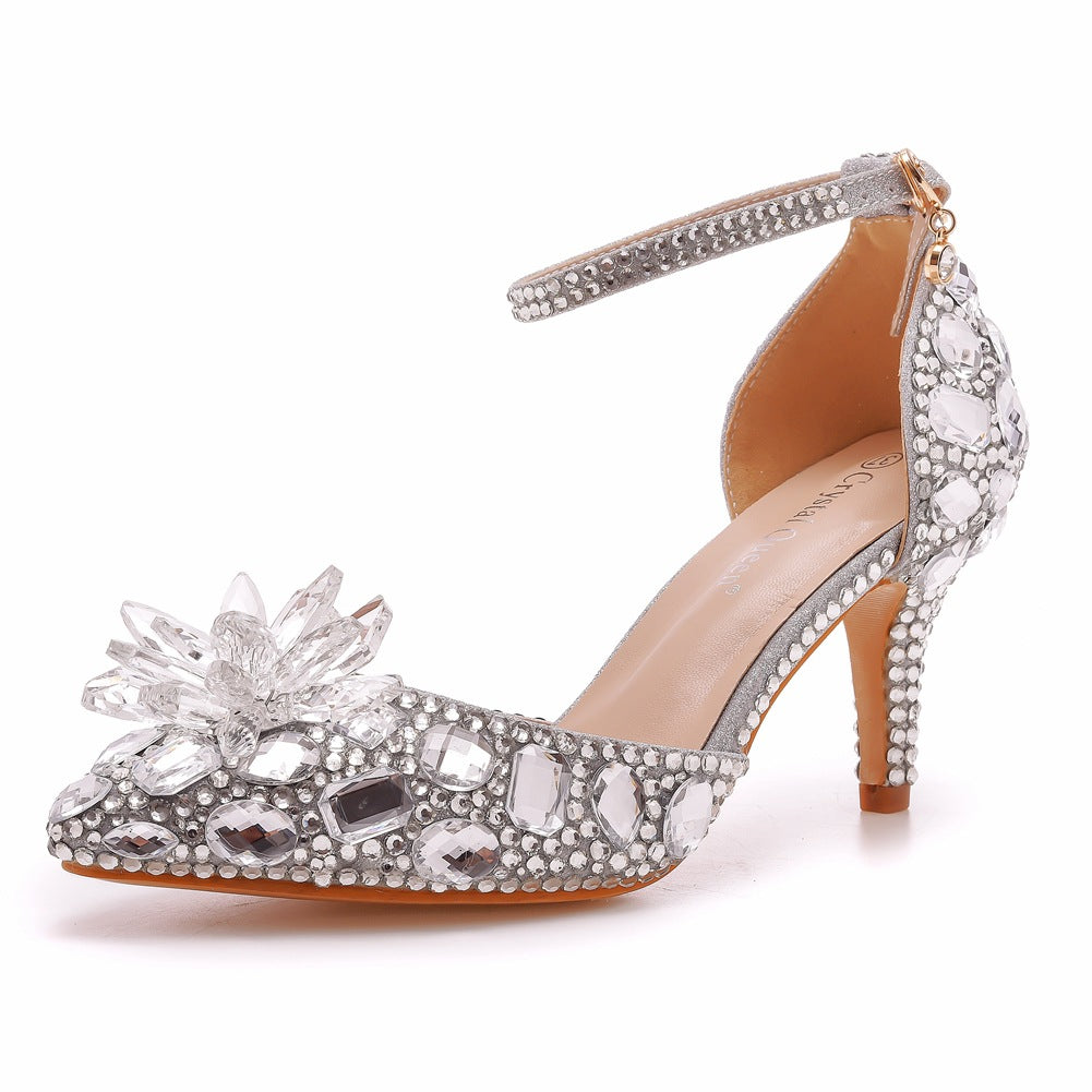Women's Plus Size Stiletto Pointed Crystal Glass Flower High Champagne Heels