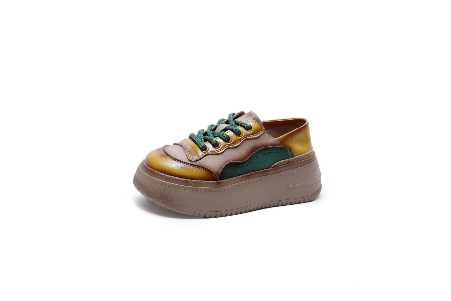 Women's Spring Color Matching Trendy Cowhide Lace Up Muffin Bottom Loafers