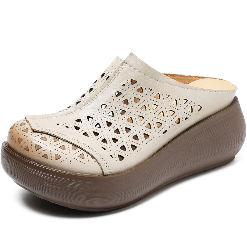 Women's Muffin Platform Closed Toe Hollow Hole Genuine Slippers