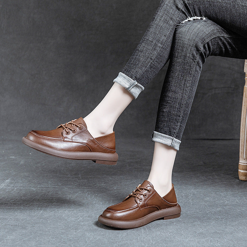 Women's Handmade Retro Pumps Genuine Flat Round Casual Shoes