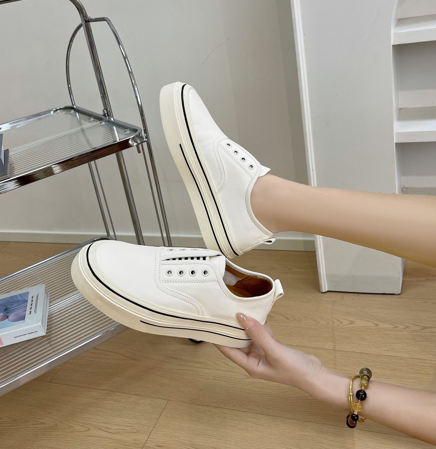 Women's Top Layer Cowhide Slip-on Platform White Casual Shoes