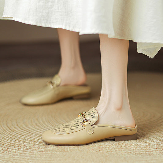 Women's Flat Bottom Horse Buckle Genuine Soft Slippers