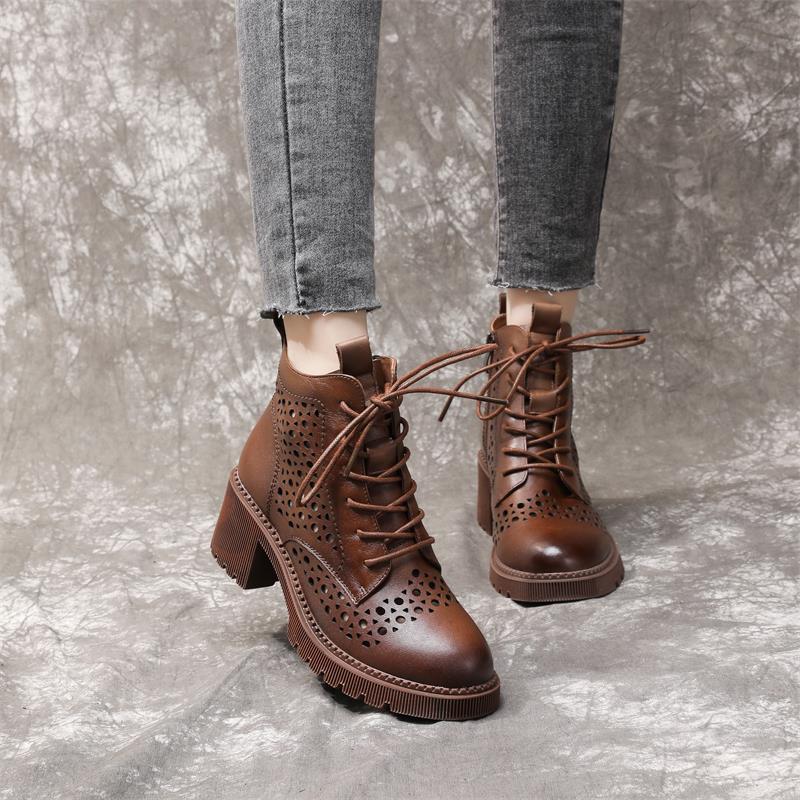 Women's Cowhide Cool Round Head Chunky Bottom Heels