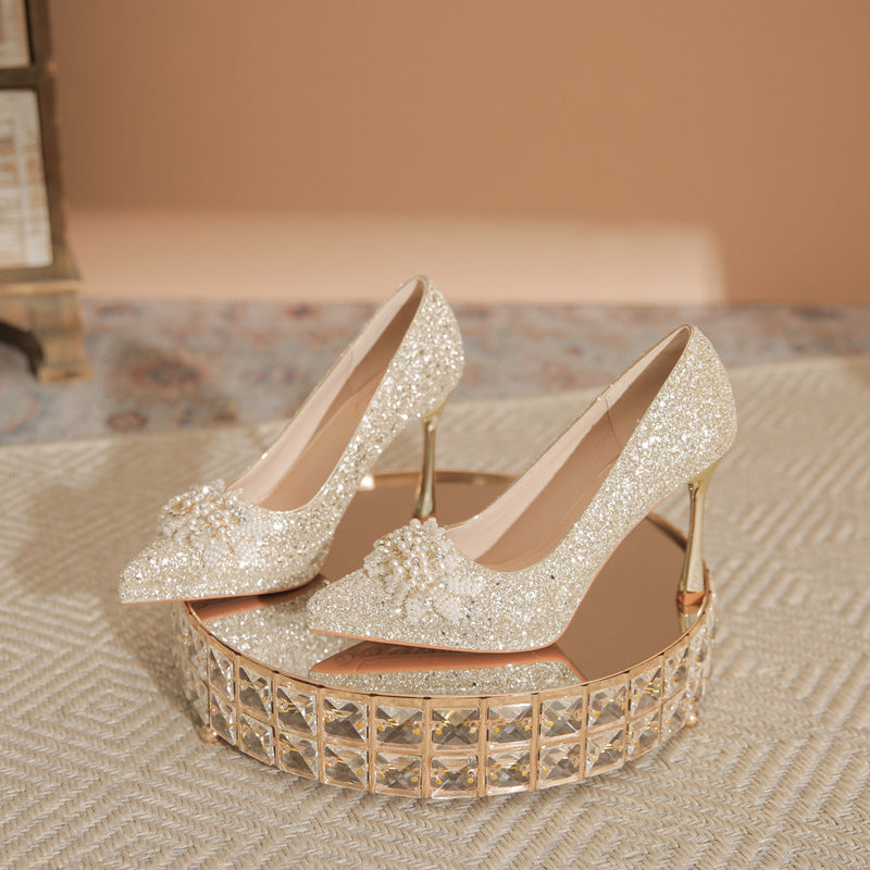 Women's French Style High-grade Champagne Wedding Stiletto Not Heels