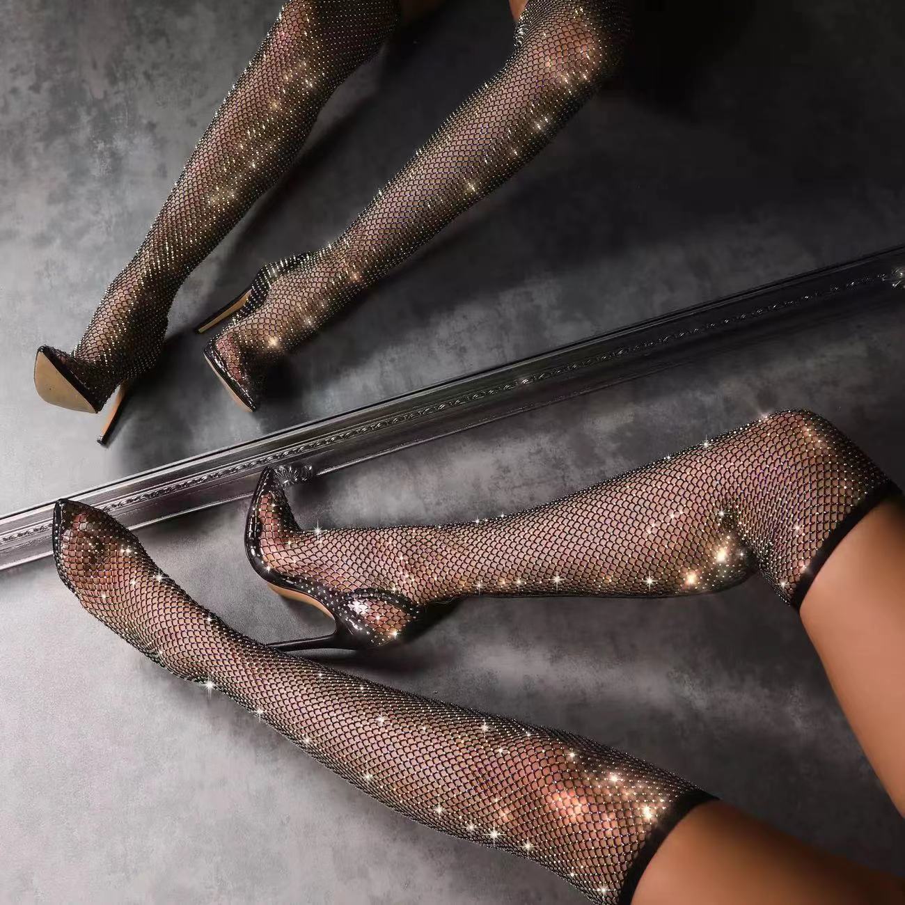 Over The Knee Rhinestone Plus Size Heels