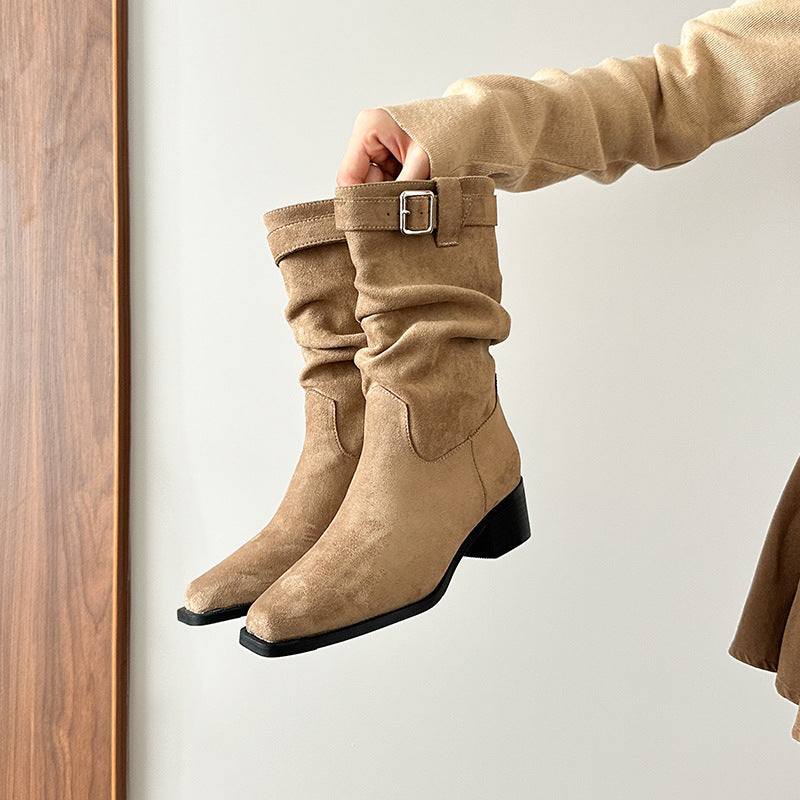 Women's Vintage Suede Short Western Cowboy Chunky Mid Boots