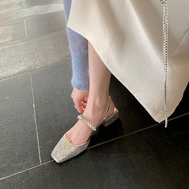 Women's Diamond Band Back Empty Square Toe Low-cut Thick Box Women's Shoes