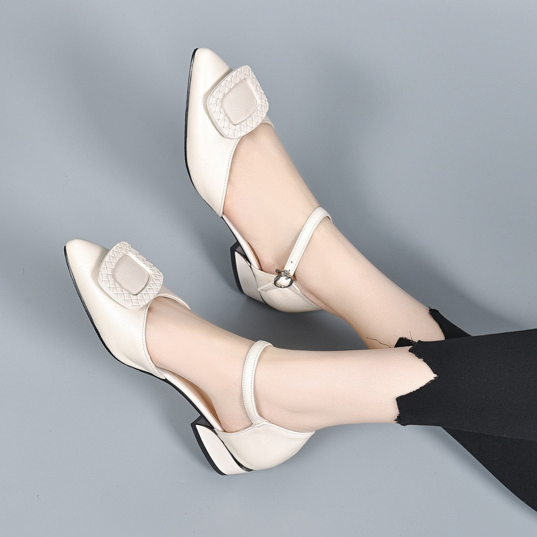 Women's Closed Toe Buckle Low Summer Genuine Heels