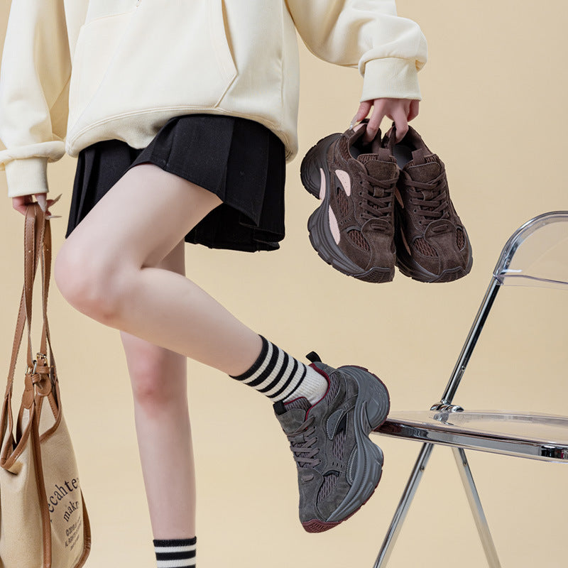 Women's Platform Dad Brown Elevator Fleece-lined Paris Fried Sneakers